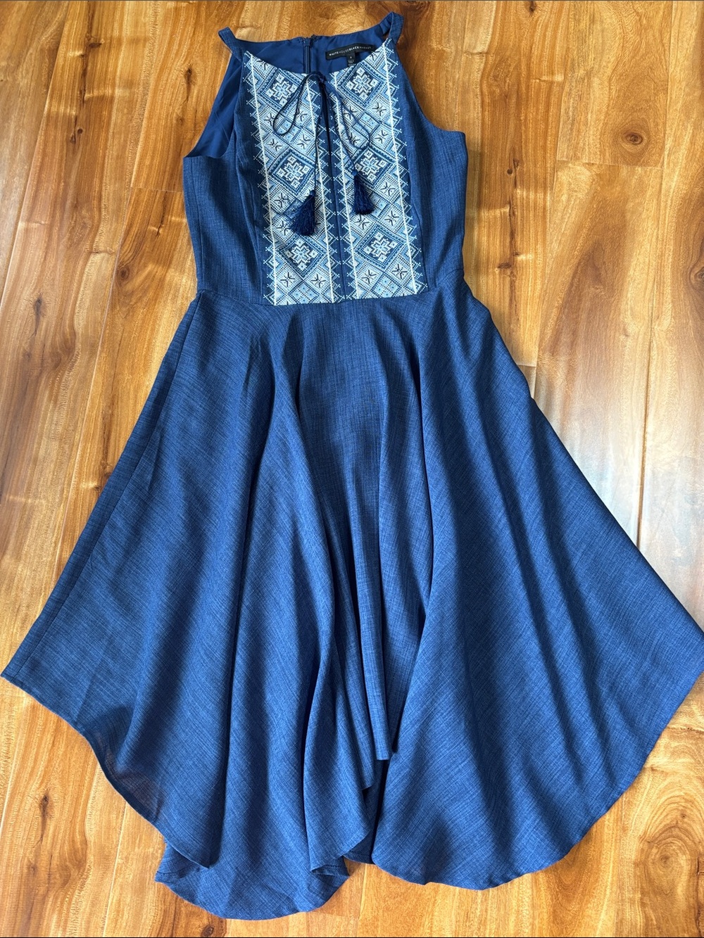 White House Black Market Navy Blue Embroidered Tie-Front Dress